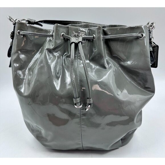 Coach Womens Ladies Madison Gray Leather Drawstring  Glossy Satchel Bag Purse - Picture 1 of 8